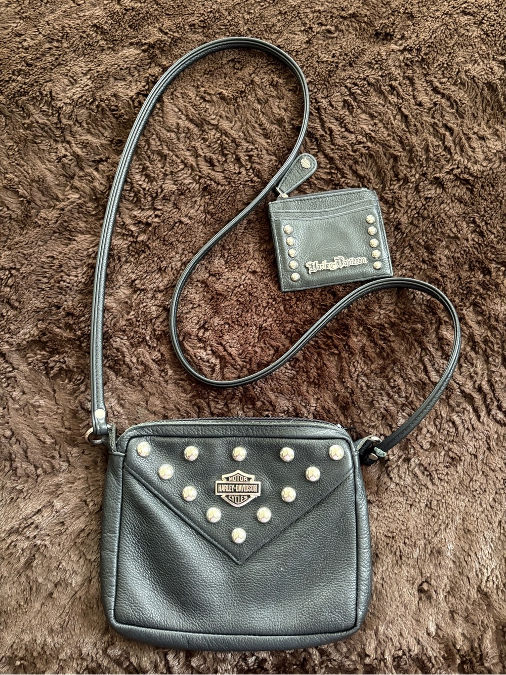 Harley-Davidson Black Leather Crossbody with Stud Accents and Card Holder